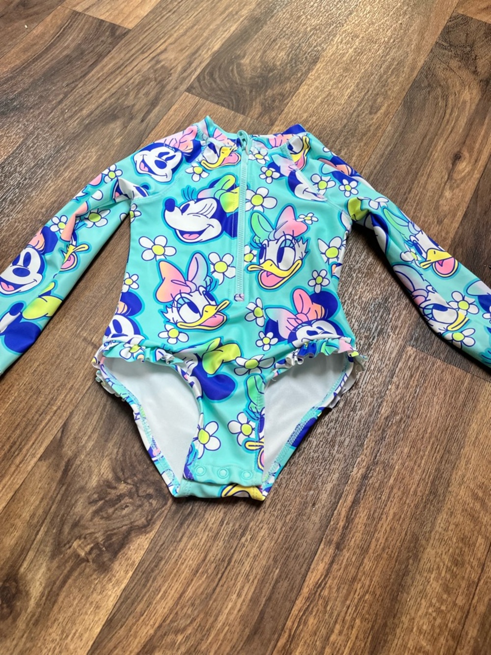 Girls' Long-Sleeve Minnie & Daisy Print One-Piece Swimsuit - Aqua